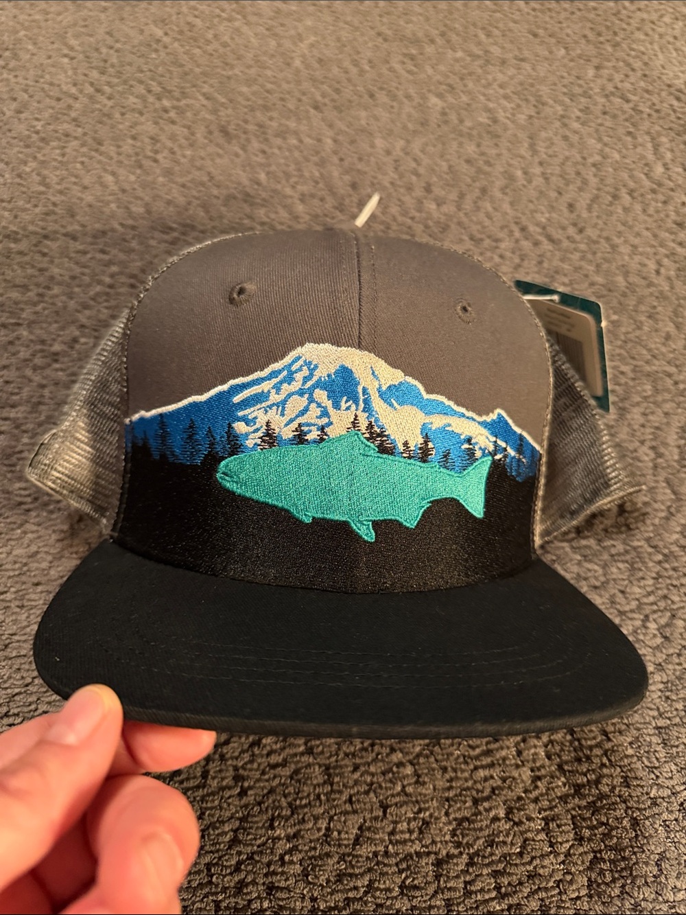 NWT -Trucker Hat with Mountain & Fish Embroidery - Teal Accent
